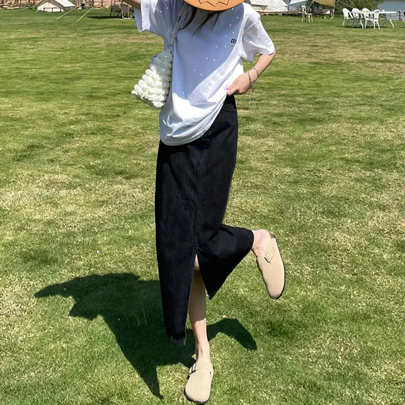 ZHIO Summer Women's Denim Midi Skirt Korean High Waist Front Slit Long Skirts Women Y2K Streetwear Casual Loose Straight Skirt