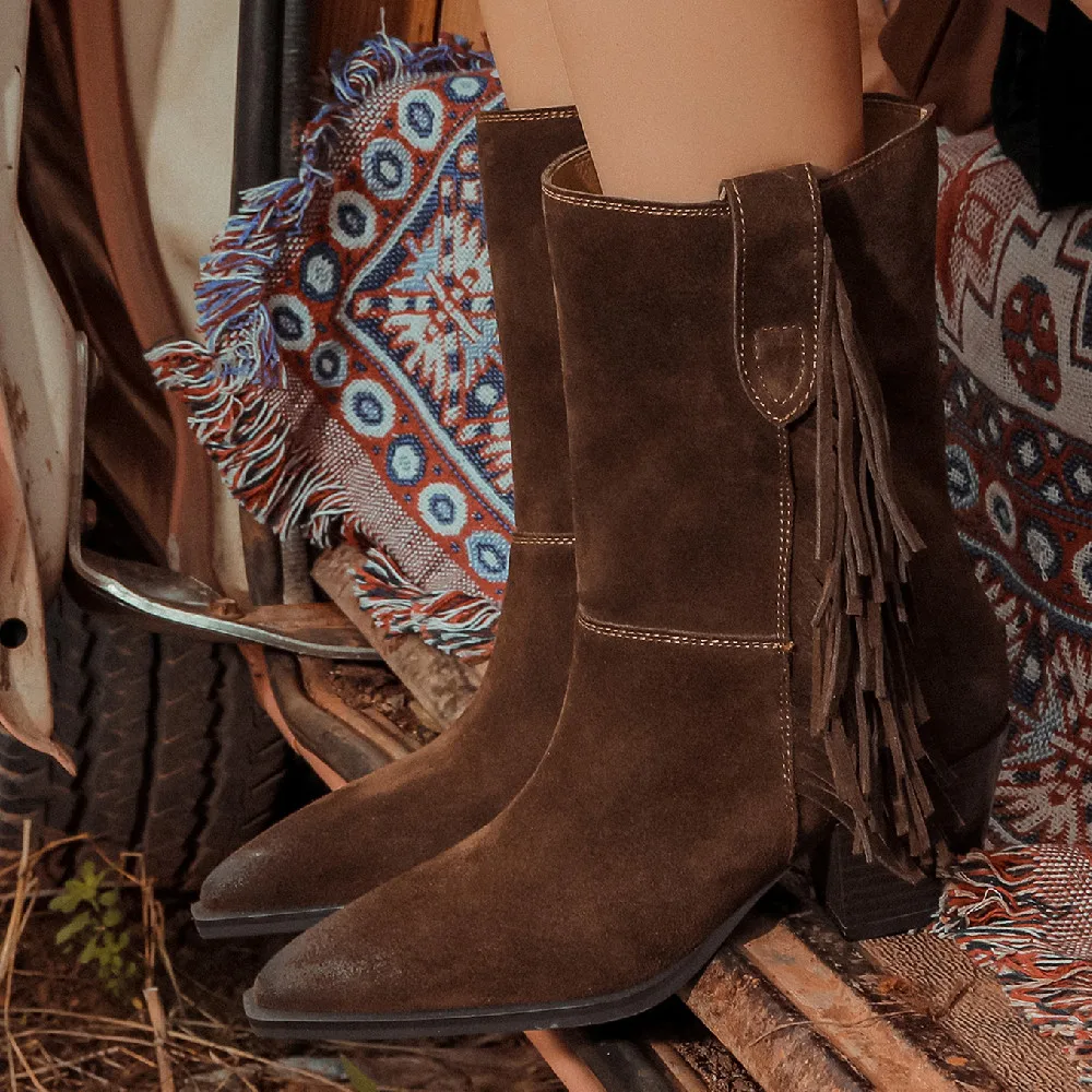 

Женские сапоги до середины икры, элегантные сапоги из натуральной замши на толстом высоком каблуке 6 см, с острым носком, без застежки, с бахромой, осень