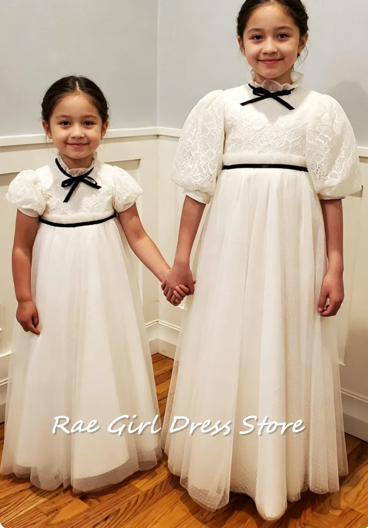 Vestido de niña de las flores de tul blanco con cuello redondo, mangas abullonadas hasta el codo, corte en A sencillo, largo hasta el suelo, para Primera Comunión y bodas al aire libre