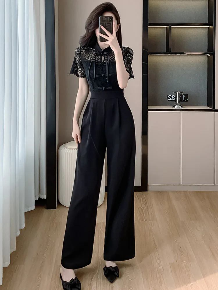 

2025 New Summer Elegant Lace Splicing Short Sleeve Long Jumpsuits For Women Fashion Office OL High Waist Slim Wide Leg Rompers