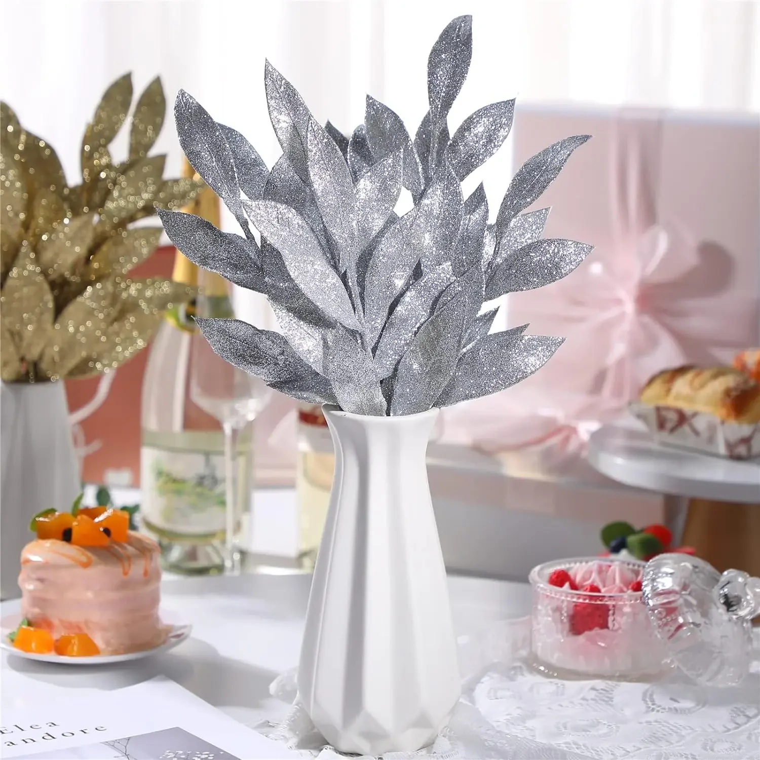 Wholesale Artificial Glitter Leaves Christmas Plastic Gold Silver Olive Leaf DIY Xmas Tree Ornaments Fake Plant Home Party Decor