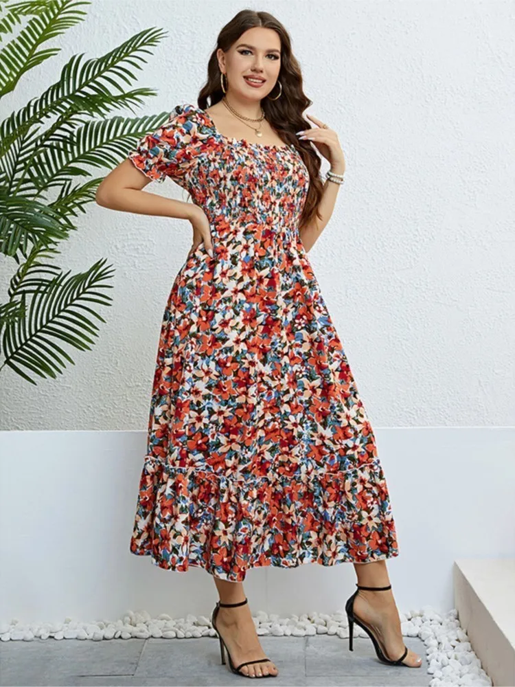 Plus Size Summer Boho Floral Beach Dress Women Elegant Slim Laides Dresses 3xl 4xl Fashion Long Woman Dress 2023 Vestido Mjuer