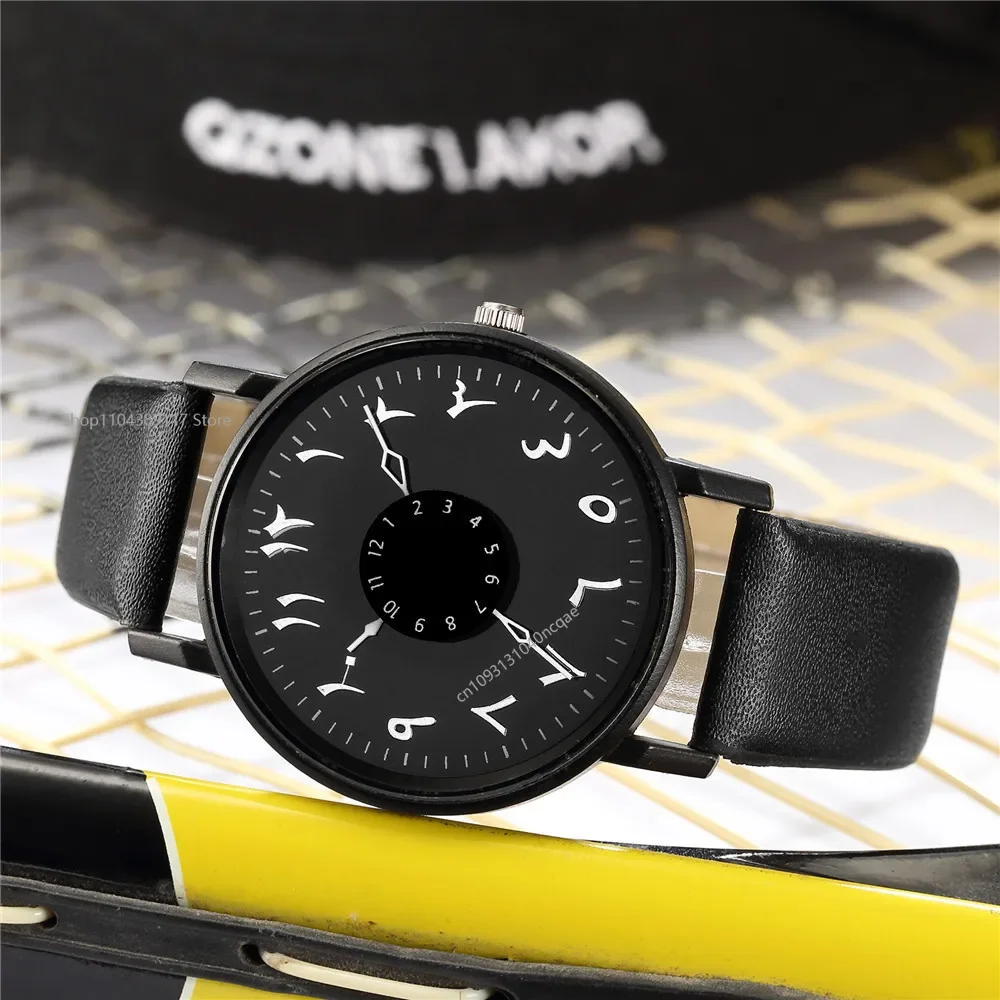 แนวคิดใหม่ยอดนิยมบุคลิกภาพย้อนกลับผู้หญิงและชายนาฬิการุ่นที่เรียบง่ายสีดําสีขาวคู่เข็มขัดนาฬิกาข้อมือควอตซ์