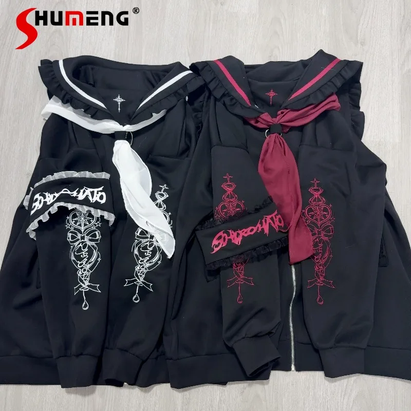 

Autumn Sailor Collar Embroidered Triangle Scarf Version Sweatshirt Long Sleeves Navy Collar Zipper Loose Jacket Sudaderas Mujer