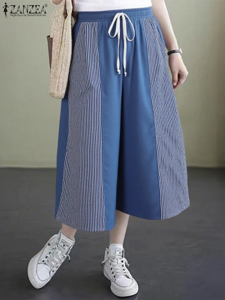 Striped Capris Women Casual Loose Pants Elastic Waist Trousers Fashion Color Patchwork Lace-Up Wide Leg Pants ZANZEA 2025