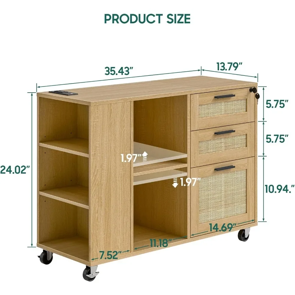 File Cabinet with Charging Station, 3 Drawer Lateral Mobile Rattan Filing Cabinet with Lock Wood Storage Organizer