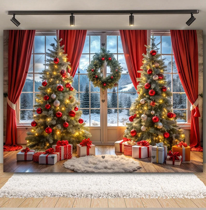 2025 рождественские фоны для фотографий, рождественская елка, красная занавеска, подарок для детей, детский портрет, новогодний декор для вечеринки, фон для студии