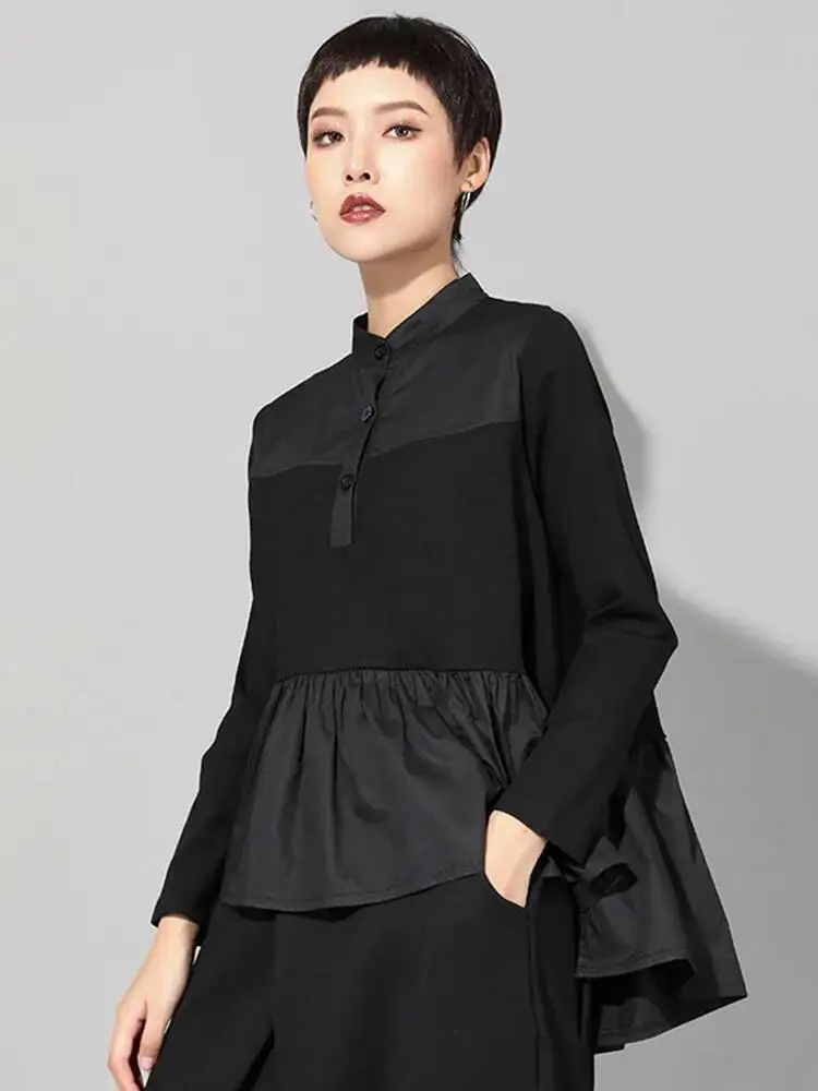 Black Pleated Ruffes Women Irregular Big Size T-shirt New Stand Collar Long Sleeve Fashion Spring Autumn 2026 J0ZB