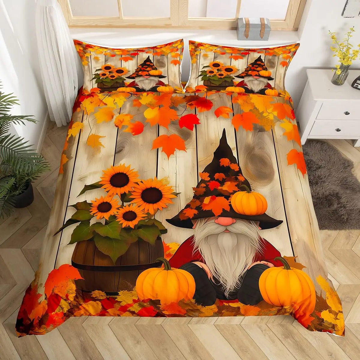 Gnome Bedding Set,Maple Leaves Sunflower Duvet Cover Plant Bed Sets Farmhouse Autumn Harvest Decor for Home Bedroom