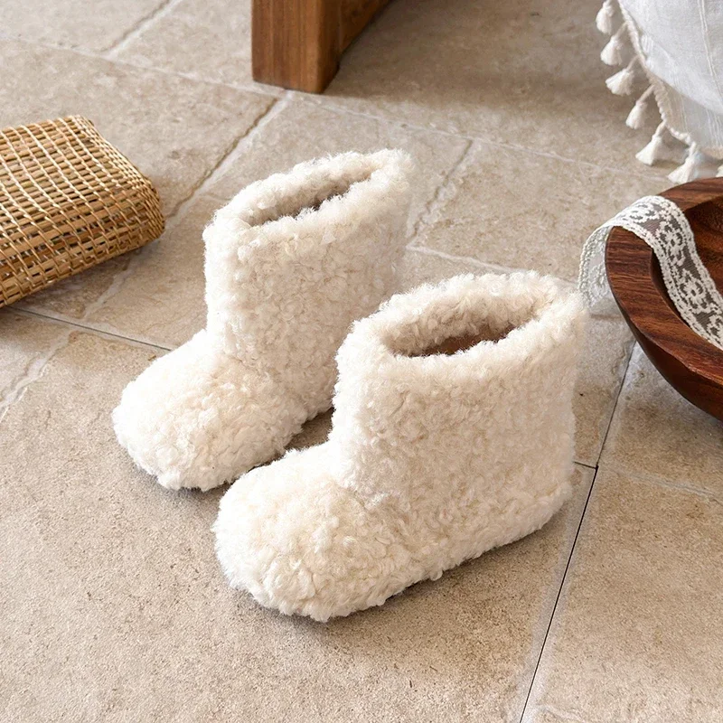 Little Kids Curly Fuzzy Plush Winter Boots, Slip‑On Warm Fluffy Non‑Slip Flat Short Boots