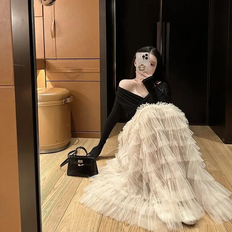 

Slimming A-Line Tulle Skirt Korean Sle High Waist Cake Skirt Long Midi Skirt Women's Summer New Sle Fairy Thousand Layer