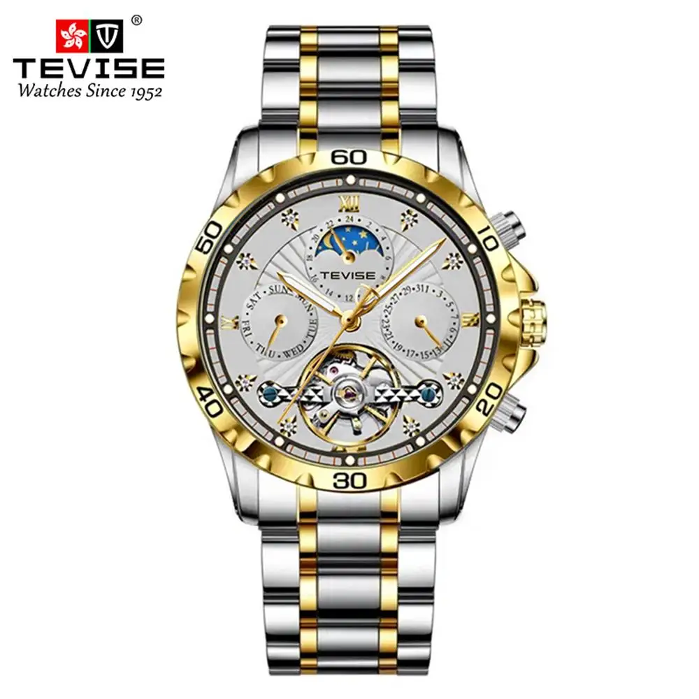 T9009 TEVISE  Fashion Business Watch Men's Mechanical Watch Waterproof Tourbillon Steel Band Watch Multifunctional Men's Watch