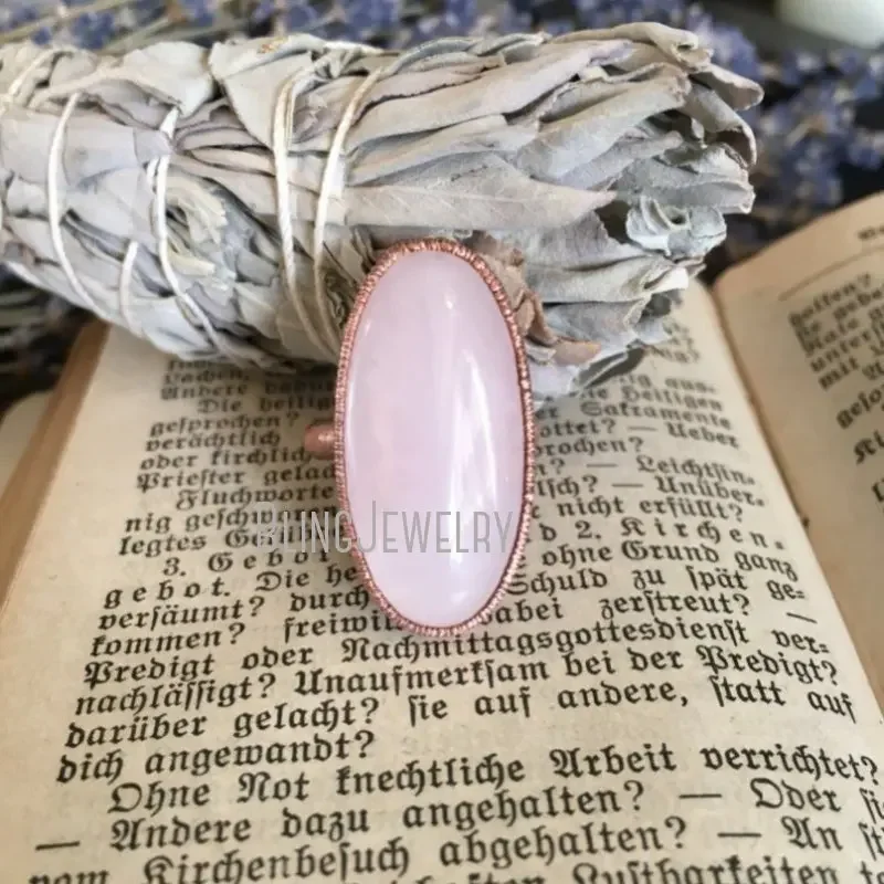 Love Tasliman Rose Quartz Crystal Pink Stone Teardrop Ring Copper Electroformed Witchy Large Statement Jewelry