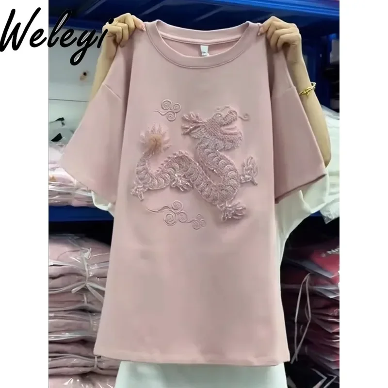 High end New Chinese Pink Embroidered Dragon T-shirt 2025 New Summer Popular Loose Casual Women's Short Sleeve Mid length Top