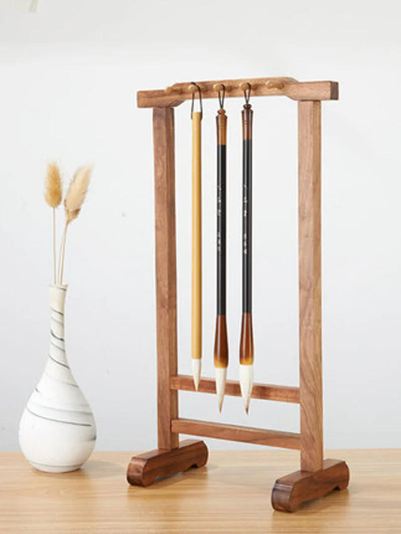 Solid Wood Chinese Brush Pen Hanger, Brushes Stand Rack Hanger with 10 Pins, Sandalwood Penholder