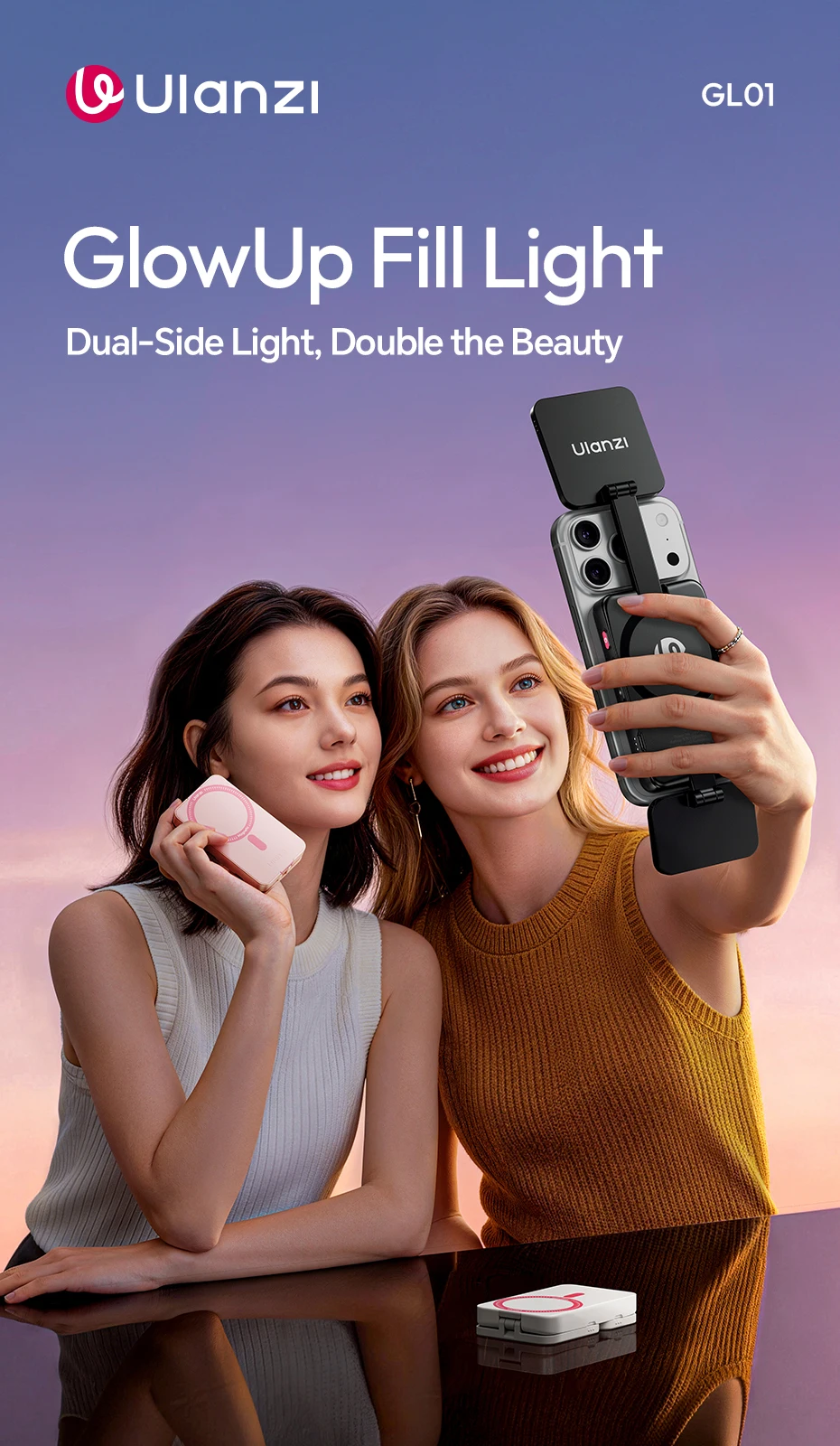 Ulanzi GL01 GlowUp Fill Light – Beidseitiges magnetisches Selfie- und Videolicht für iPhone 17, 16, 15, Huawei und Xiaomi – Detail 1