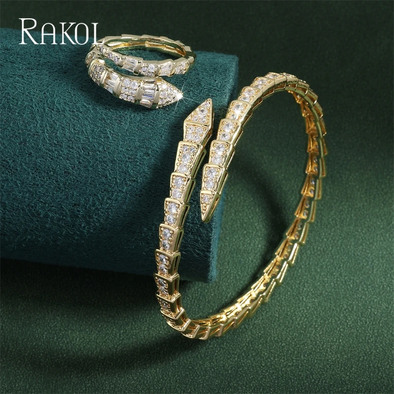 RAKOL Fashion Design Snake Bone Open Bangles Ring Sets for Women INS Trendy T Shape Zircon Party Daily Jewelry Set