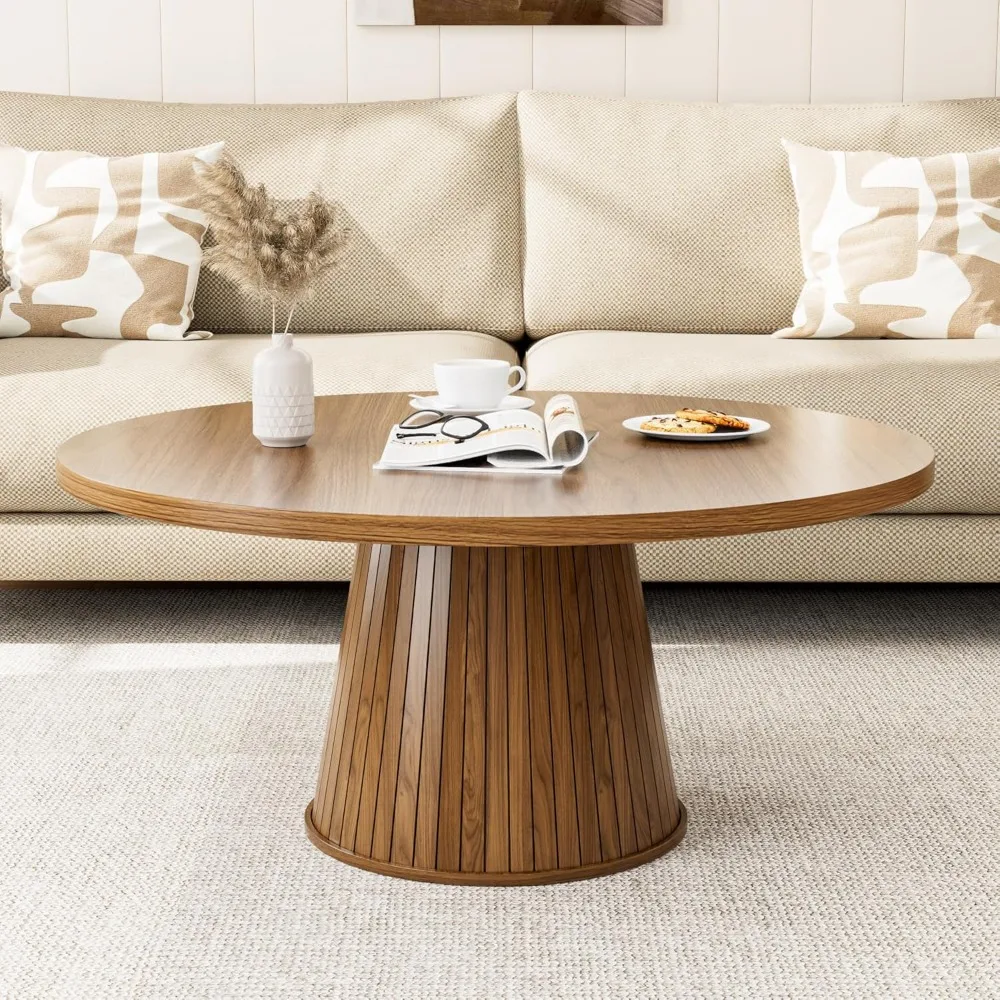 Fluted Round Coffee Table, Mid Century Modern Coffee Table, Small Walnut Circle Center Table, Brown, Farmhouse Wood, for Living