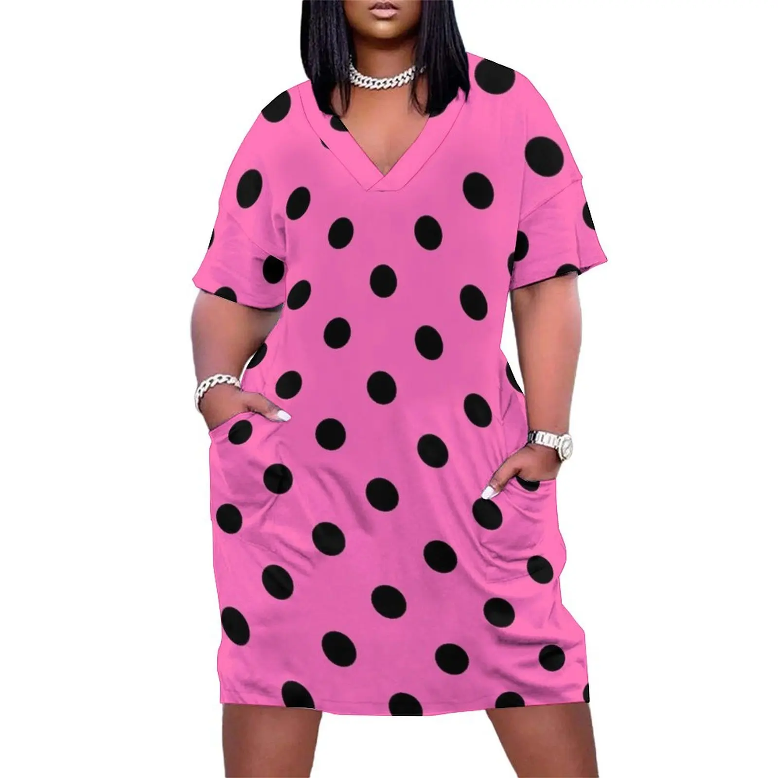 

Large Black on Light Hot Pink Polka Dots Loose Pocket Dress women"s summer dress 2024 long dresses for women