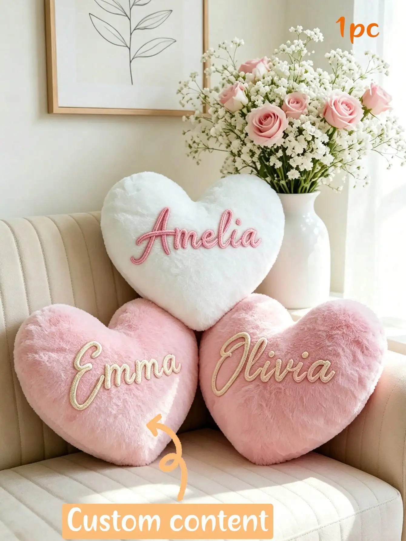 Personalized Heart Shaped Pillow, Customized Name Cushion, Pajama Party Gift for Girls, Home Decor Bedroom Decor