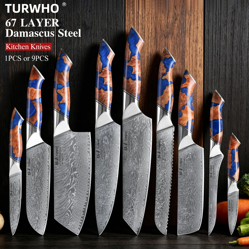 TURWHO 1PC-9PCS Kitchen Chef Knives Set High Carbon Damascus Steel Cleaver Bread Paring Boning Utility Knives Cooking Tools