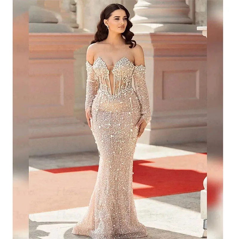 

Luxury Evening Dresses For Women Sweetheart Long Sleeves Bridal Gown Crystal Pearls Sweep Train Dress Party Prom Custom Made