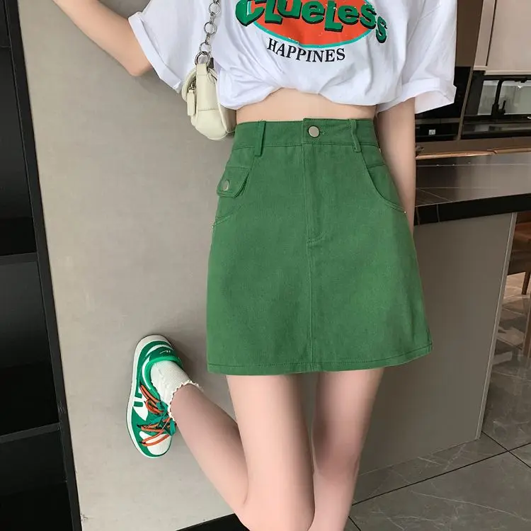 

2022 Summer New High Waist Denim Half Skirt Girl Sweet A-line denim skirt harajuku Straight Casual Button empire