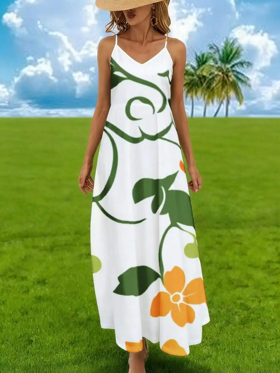 

Spaghetti Strap Maxi Dress White Green Orange Floral Print Summer Beach Vacation Wear