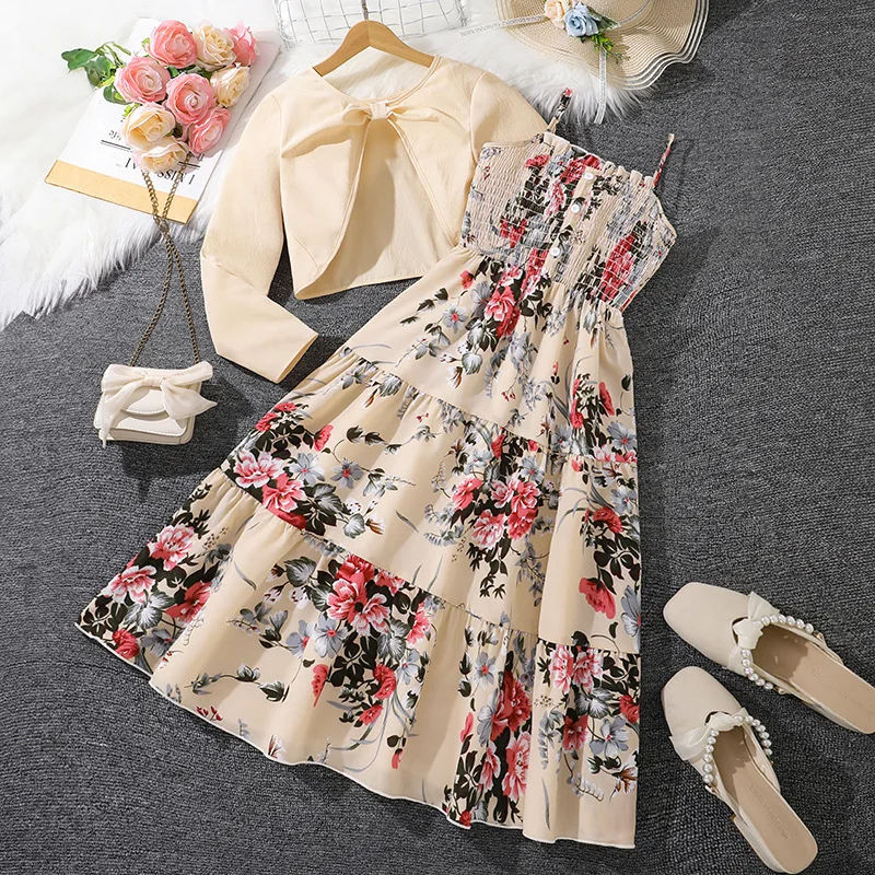 

New Autumn Girls Clothing Set Fashion Short Style Fashion Coat + Big Flower Dress 2Pcs Suit For 8-12Y Teen Kids Outfit