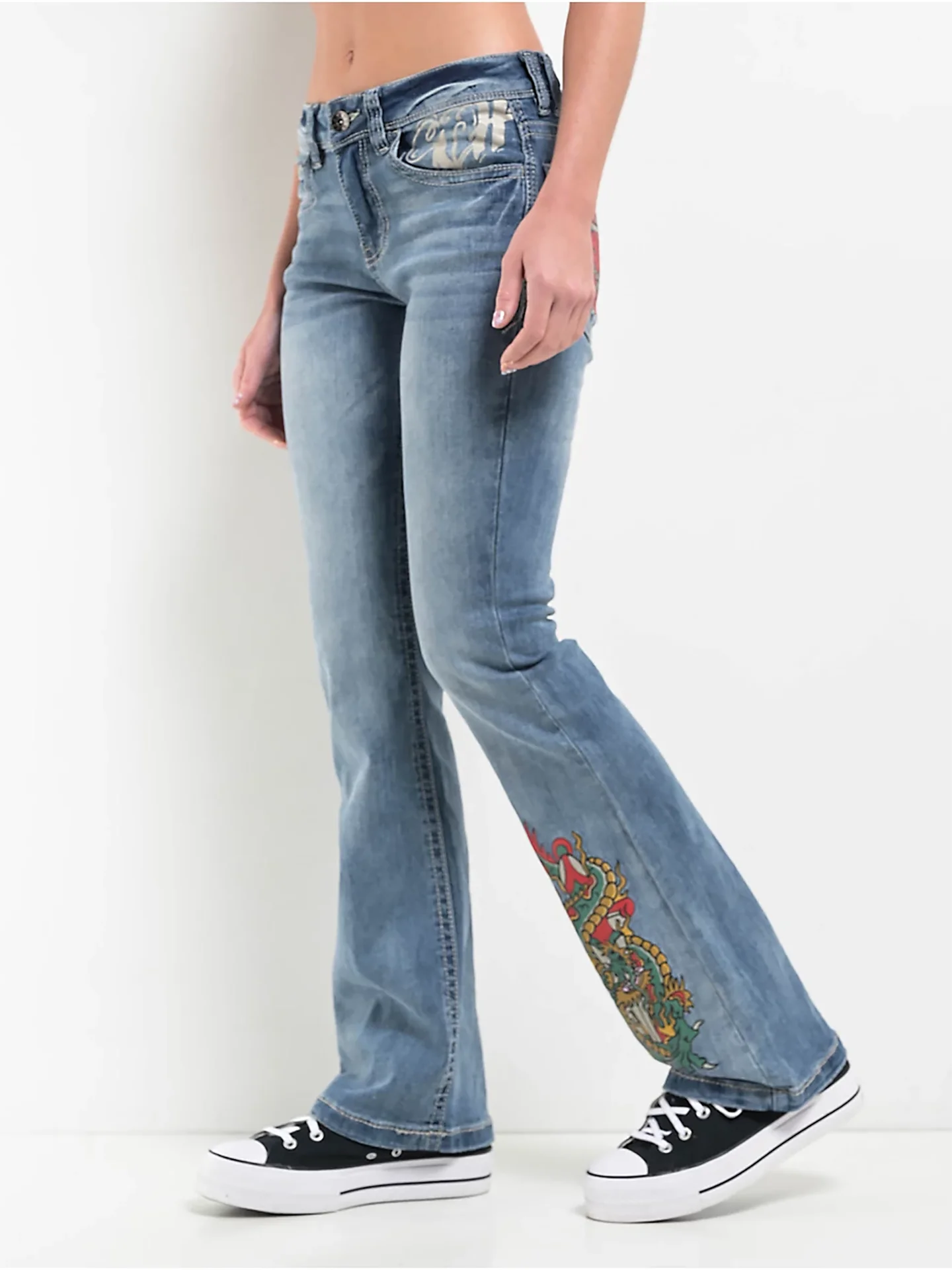 NinthHall Alyssia Asian Culture Dragon Eagle Flared Jeans Long Pants Natural Waist Denim Blue Thin Summer Season