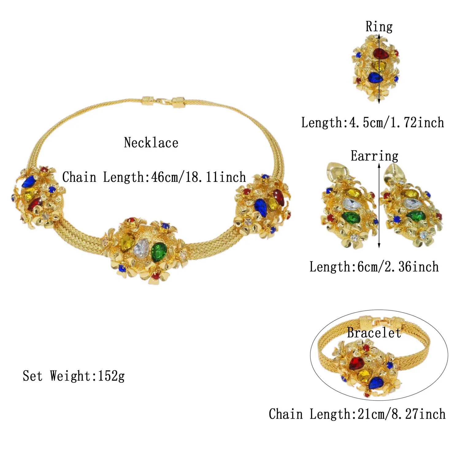 Luxury Women Jewelry Necklace Set Colorful Rhinestones Women Jewelry for Weddings and Special Occasions Earring and Ring Set