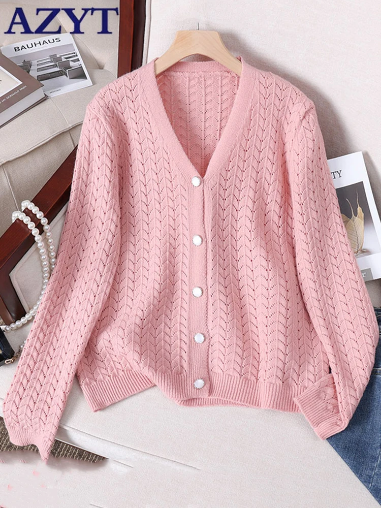 

AZYT Hollow Out Knitwear Cardigan Women's Jacket Solid Color V Neck Women Sweater Cardigan 2023 Autumn New Knit Cardigan Tops
