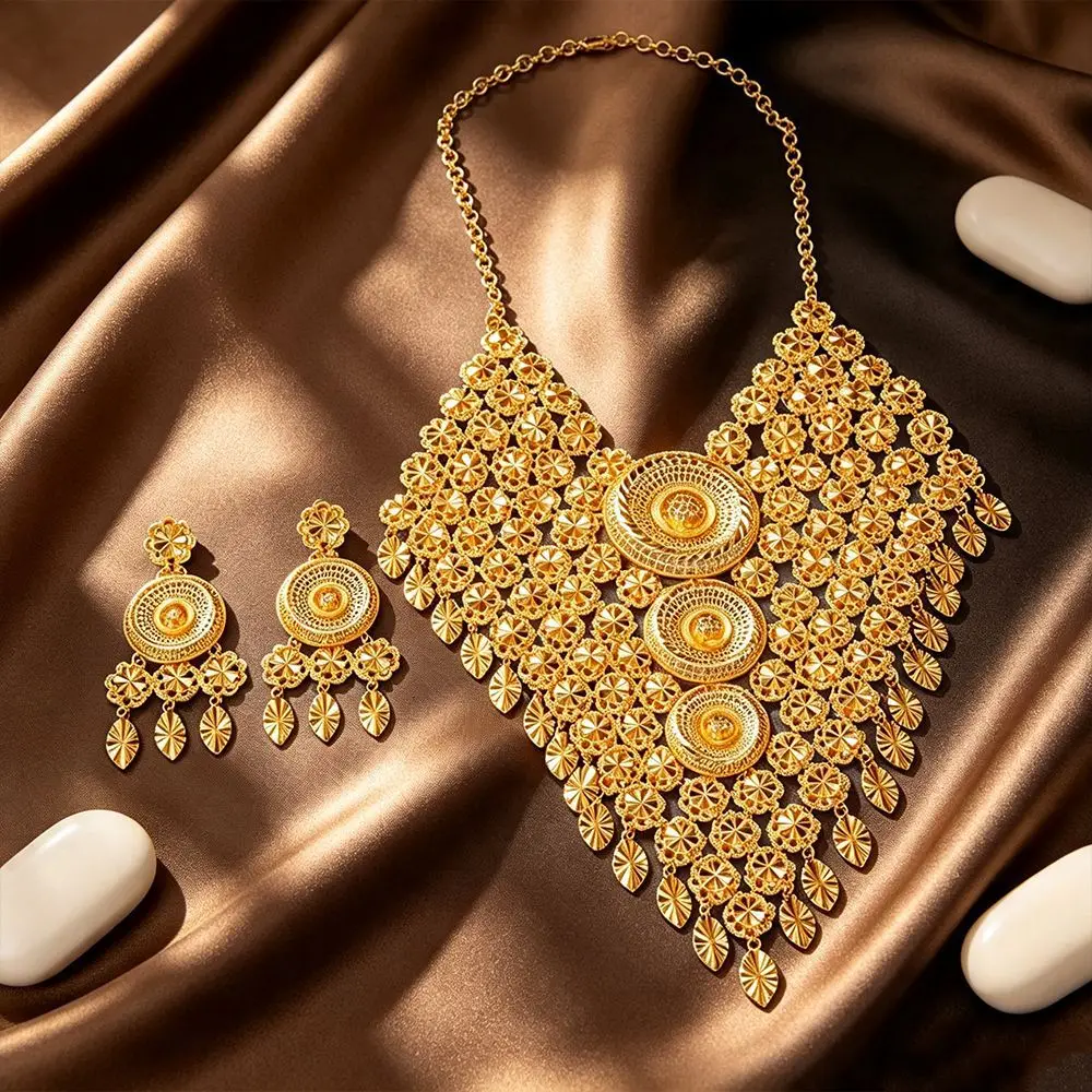 romantic festivals, women's Flower Heart Earring And Necklace Set produced under standard 24K Gold AU999 specifications