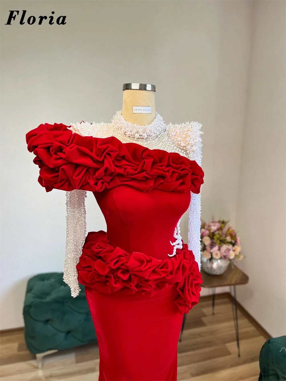 Charming Red Ruched Shoulder Celebrity Dresses Coutures Long Sleeves Evening Dress Pearls Beaded Wedding Party Gowns Customized