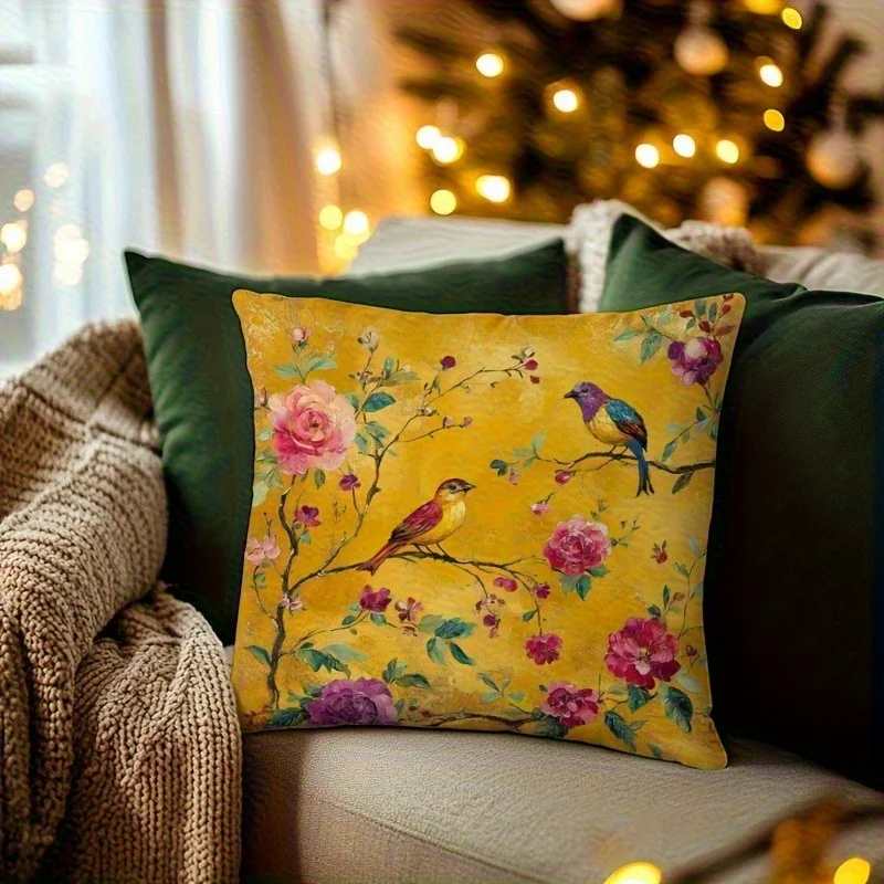 1pc Bright Yellow Background Bird & Flower Oil Painting Themed Printed Throw Pillow Cover, Suitable for Sofa,Bedroom,Living Room