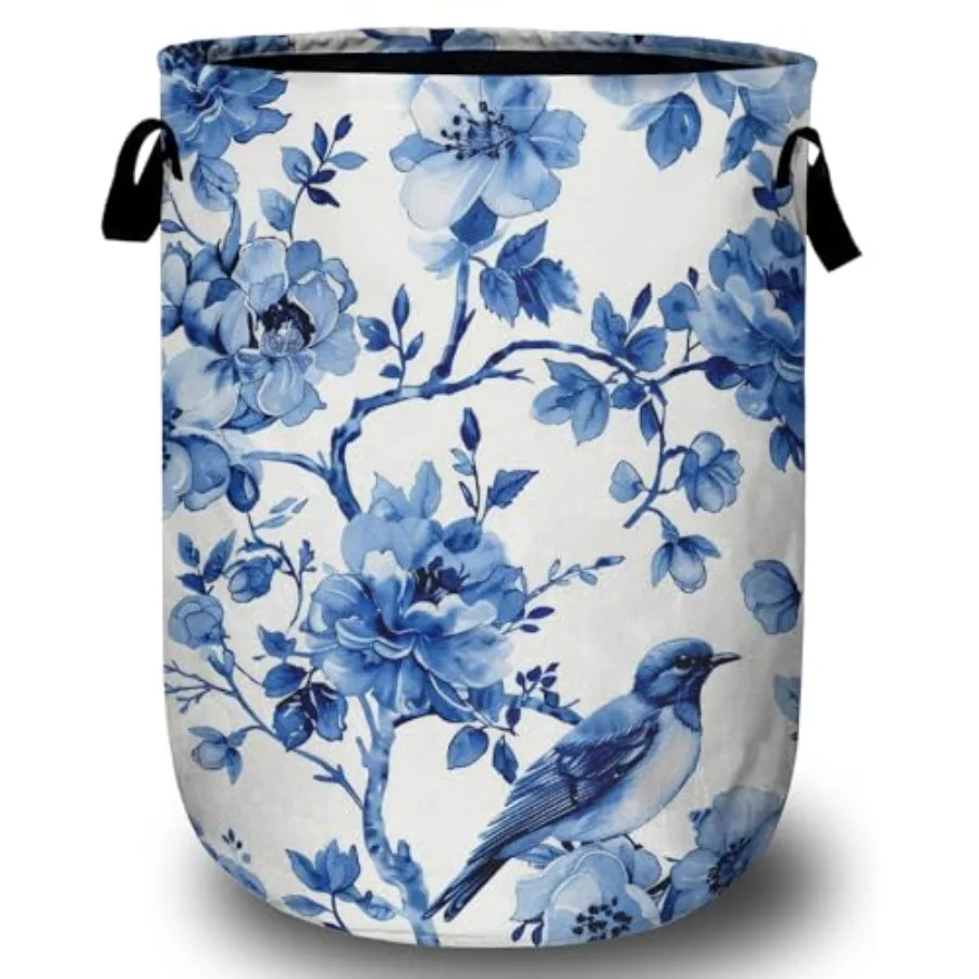 

Blue Flower Bird Laundry Basket Foldable Waterproof Laundry Hamper Tote Bag Dirty Clothes Storage Bucket Toy Organizer for Bath