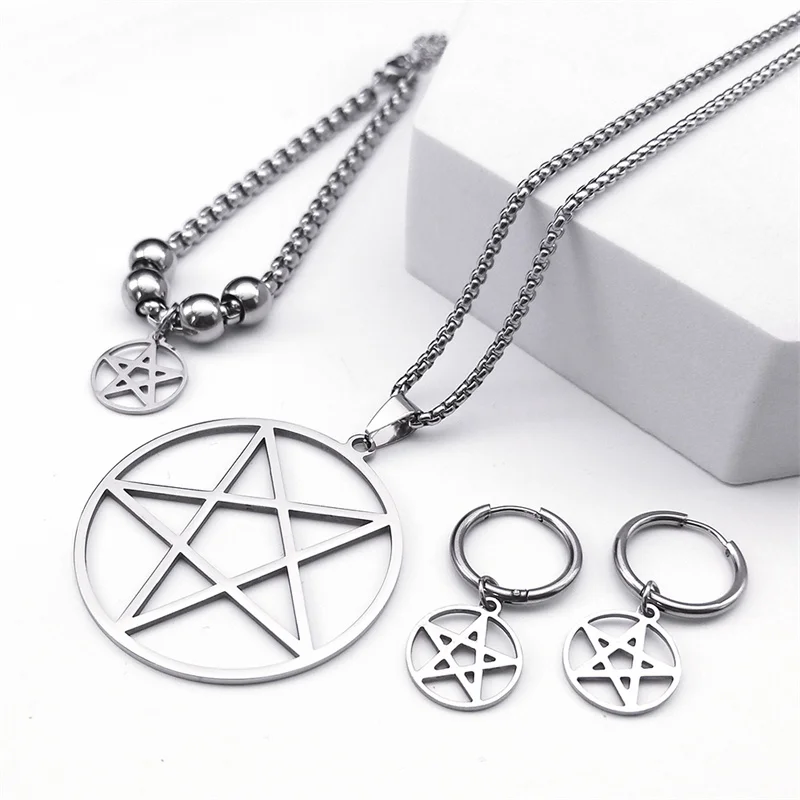 Stainless Steel Pentagram Pentacle Star Necklace for Women Men Punk Hoop Earrings Ring Bracelet Jewelry Set conjuntos de joyas