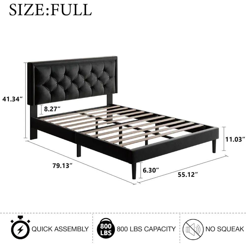 Full Size Bed Frame with Velvet Button Tufted Headboard, Modern Upholstered Platform Bed, Mattress Foundation, Easy Assembly