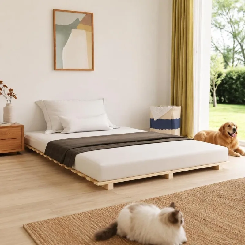 Cadre de lit en pin massif 140 x 200 cm avec sommier à lattes en contreplaqué, structure stable et robuste, montage facile pour chambre principale, chambre d'hôtes, studio, intérieur classique rustique