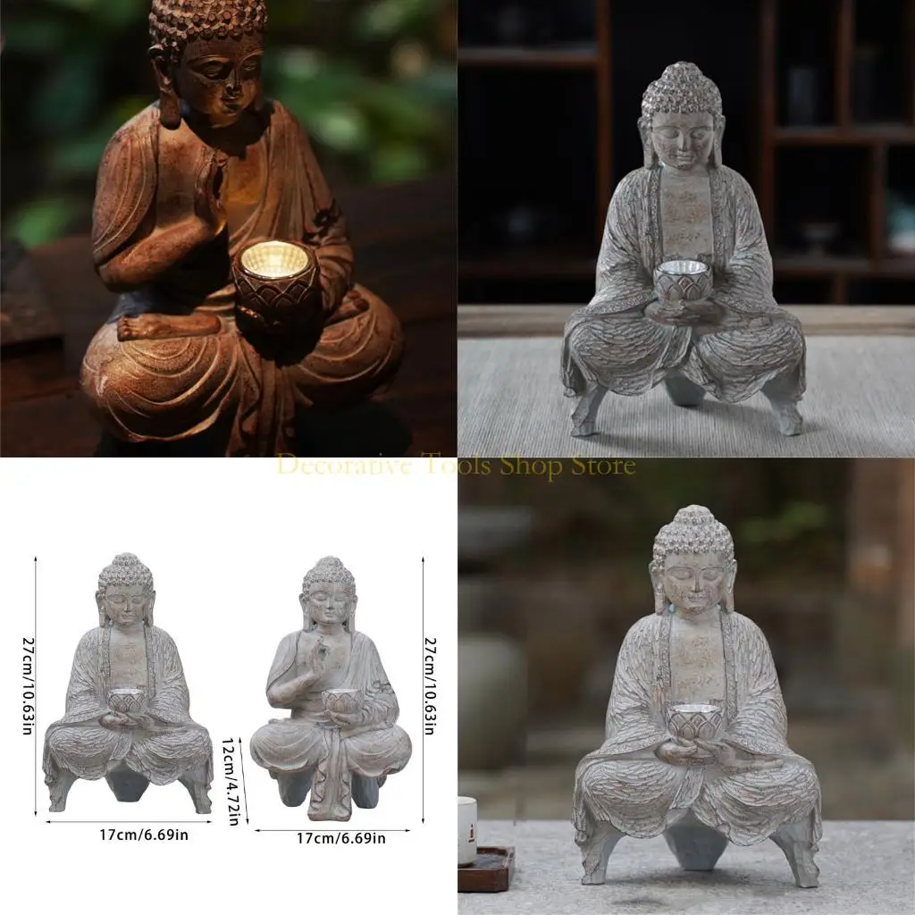 

QX2E Resin Solar Buddhas Statue Sculpture Garden Decors Light Asian Japanese Garden