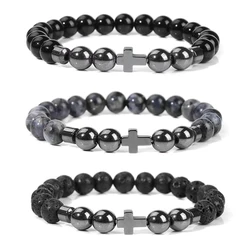 Natural Stone Hematite Bracelet Men Beads Bracelet Handmade Cross Pendant Bracelets Women Prayer Fitness Jewelry for Homme 8mm