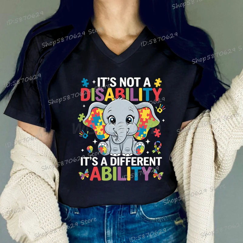 It's Not A Disability It's A Different Ability T-shirt Women Funny Autism Puzzle Piece Elephant T Shirt Fashion Graphic Tshirts