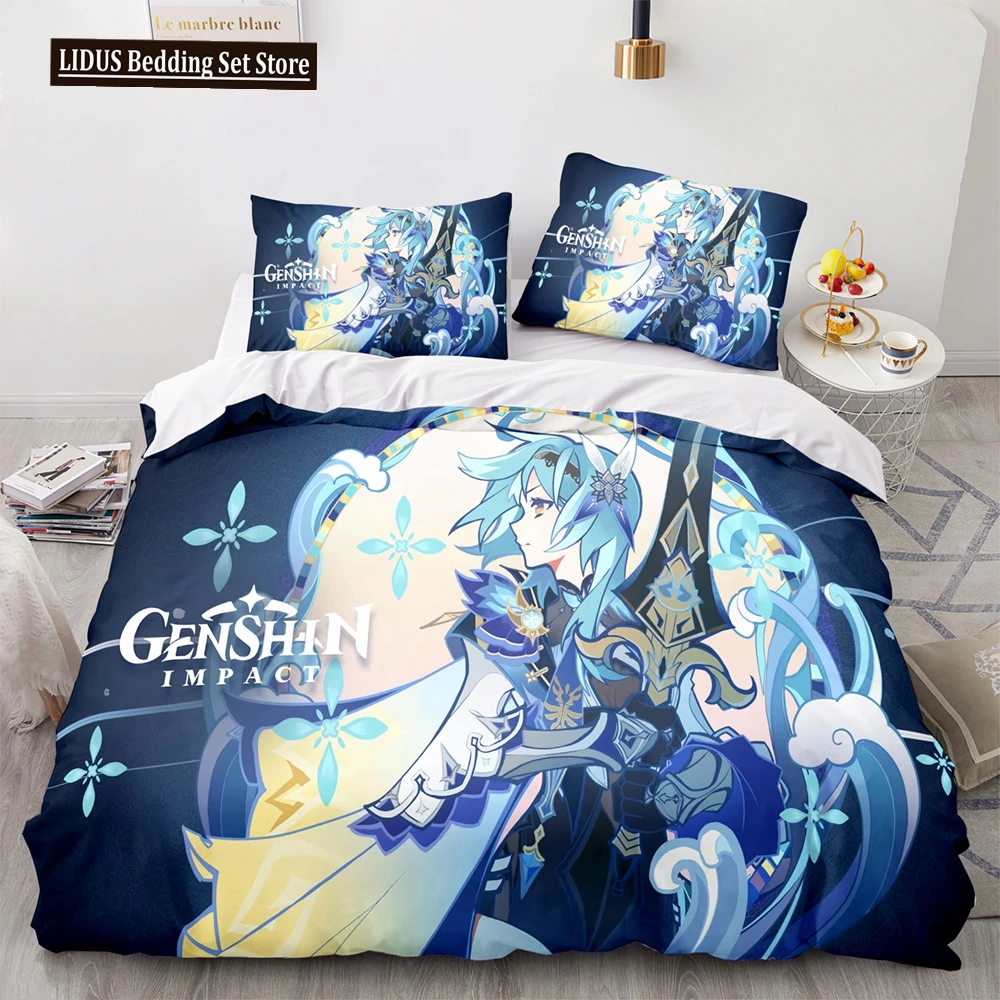 

Gaming Genshin Impact Eula Bedding Set Anime 3D Boys Teens Duvet Cover Set Soft Bed Linen Queen King Single Size Bedroom Decor