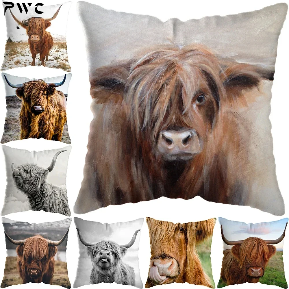 

45x45cm Scottish Highland Cat Cow Yak Animal Print Pillowcase For Home Decor Cushion Cover Sofa Decoration Pillow Case