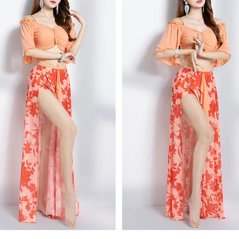 Taniec brzucha dla dorosłych orientalny top spódnica z rozcięciem zestaw kobiety ubrania do ćwiczeń garnitur elegancki strój do tańca Bellydance StagePerformance