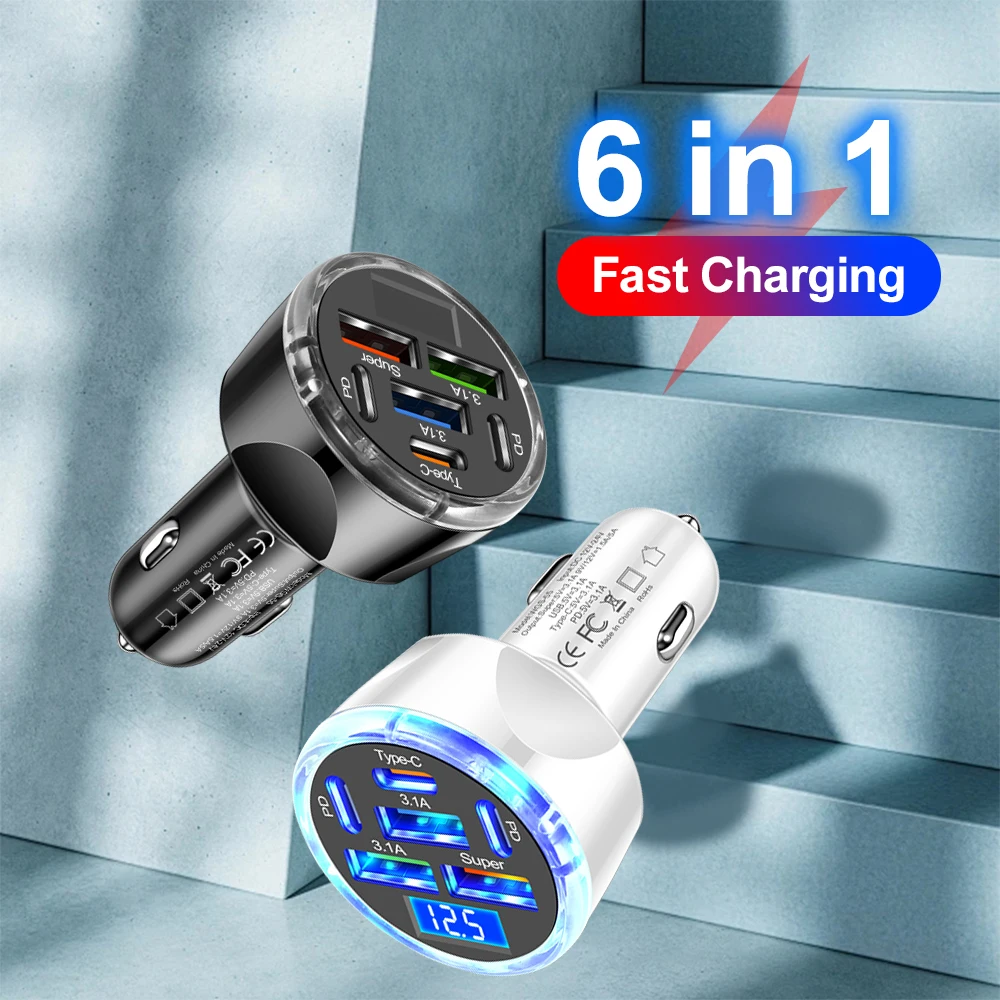 6-Port-USB-Autoladegerät Typ C Schnellladung im Auto Stecker Feuerzeug Handy-Adapter für iPhone für Xiaomi für Samsung