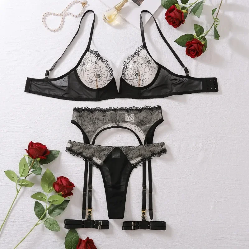 Toucheart Sexy Lingerie Set Contrasting Color See-Through Sexy Four-Piece Thin Mesh Embroidery Stitching V Sexy Underwear Set