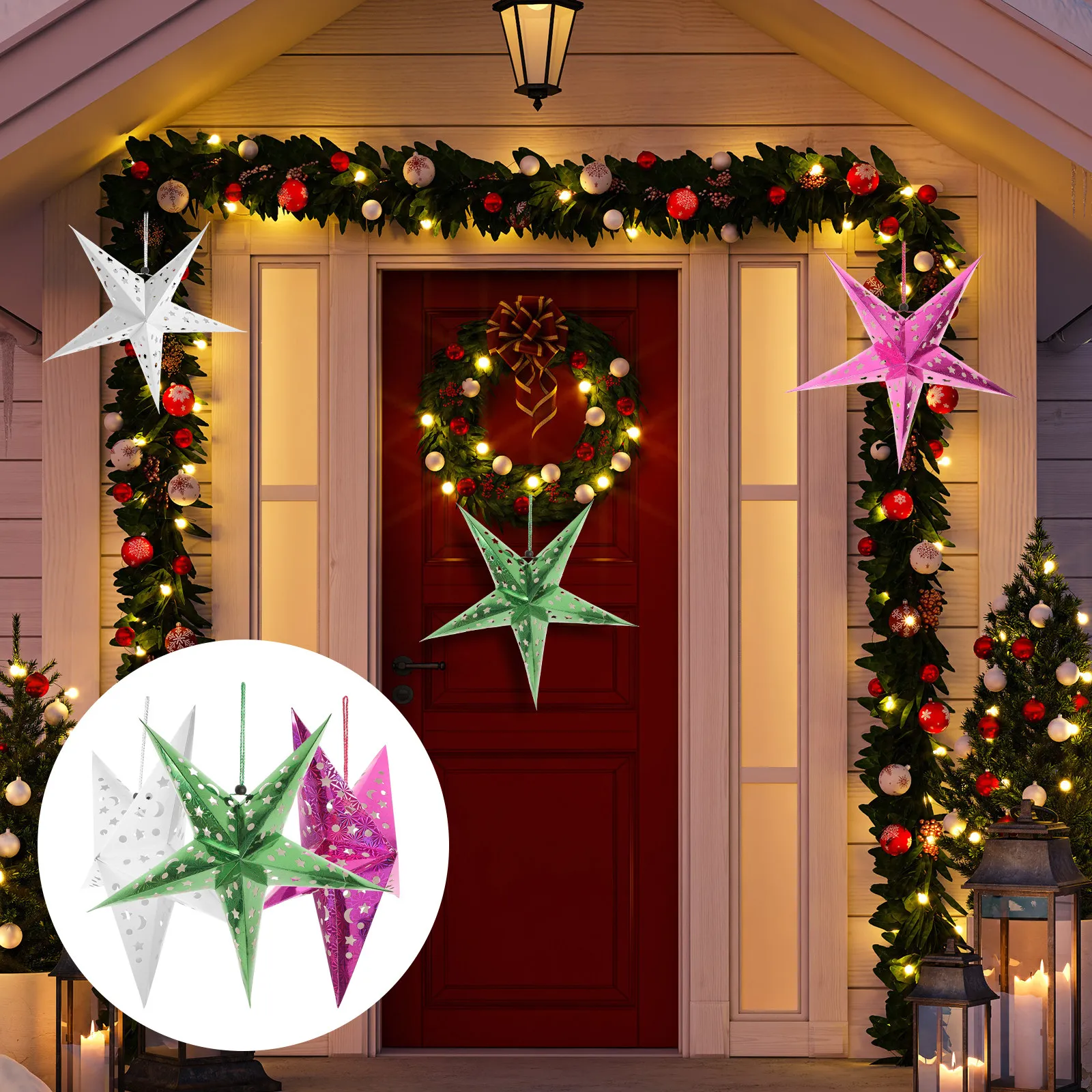 Paper Star Lantern Shade Christmas Pendant Light 3D Hollow Foldable Lampshade for Bedroom Living Room Decor