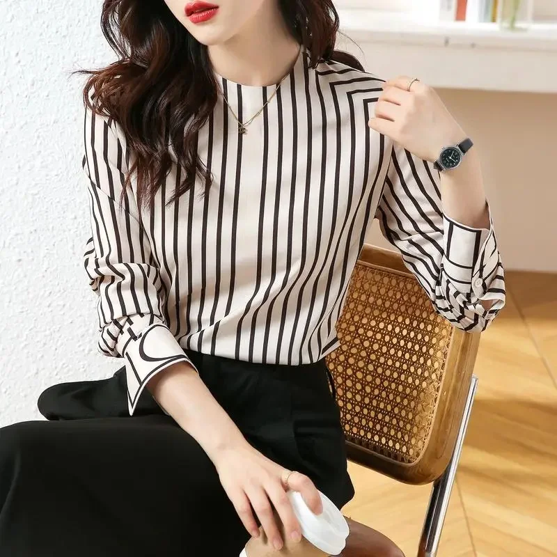 Stripe Print Women Blouse Fashion O-Neck Long Sleeve Vintage Tops Office Lady Elegant Shirt Casual Loose Clothing