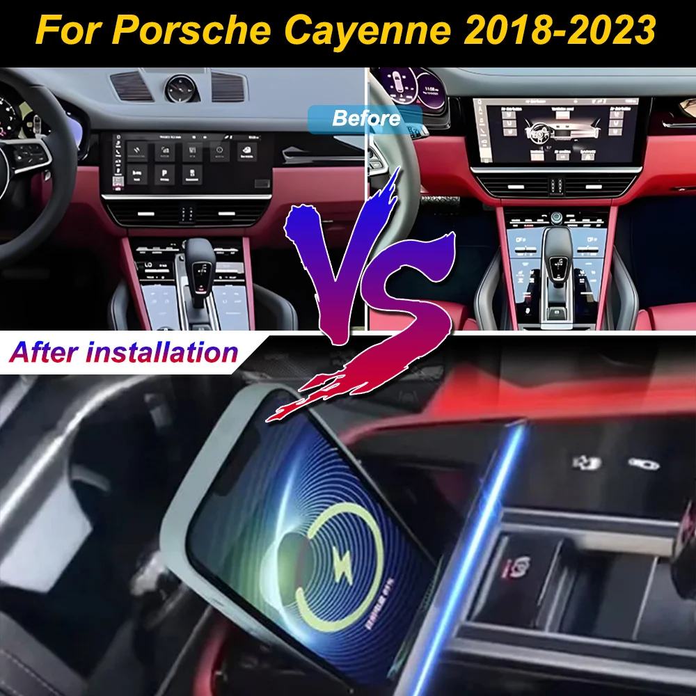 2 Din for Porsche Cayenne 2018-2023 Car Wireless Mobile Phone Charger Center Console Storage 18W iPhone fast charge plate holder